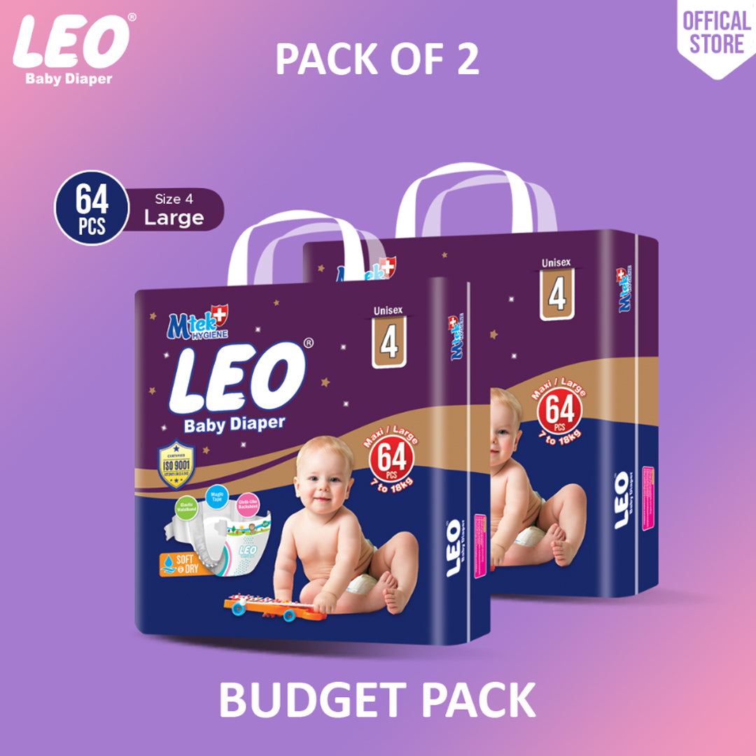 Leo Budget Pack Baby Diaper – Size 4, Large – 64 Pcs (Pack of 2)
