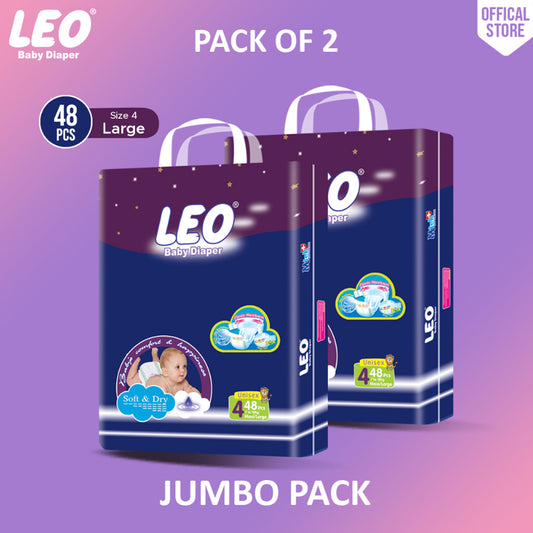 Leo Jumbo Pack Baby Diaper – Size 4, Large – 48 Pcs (Pack of 2)
