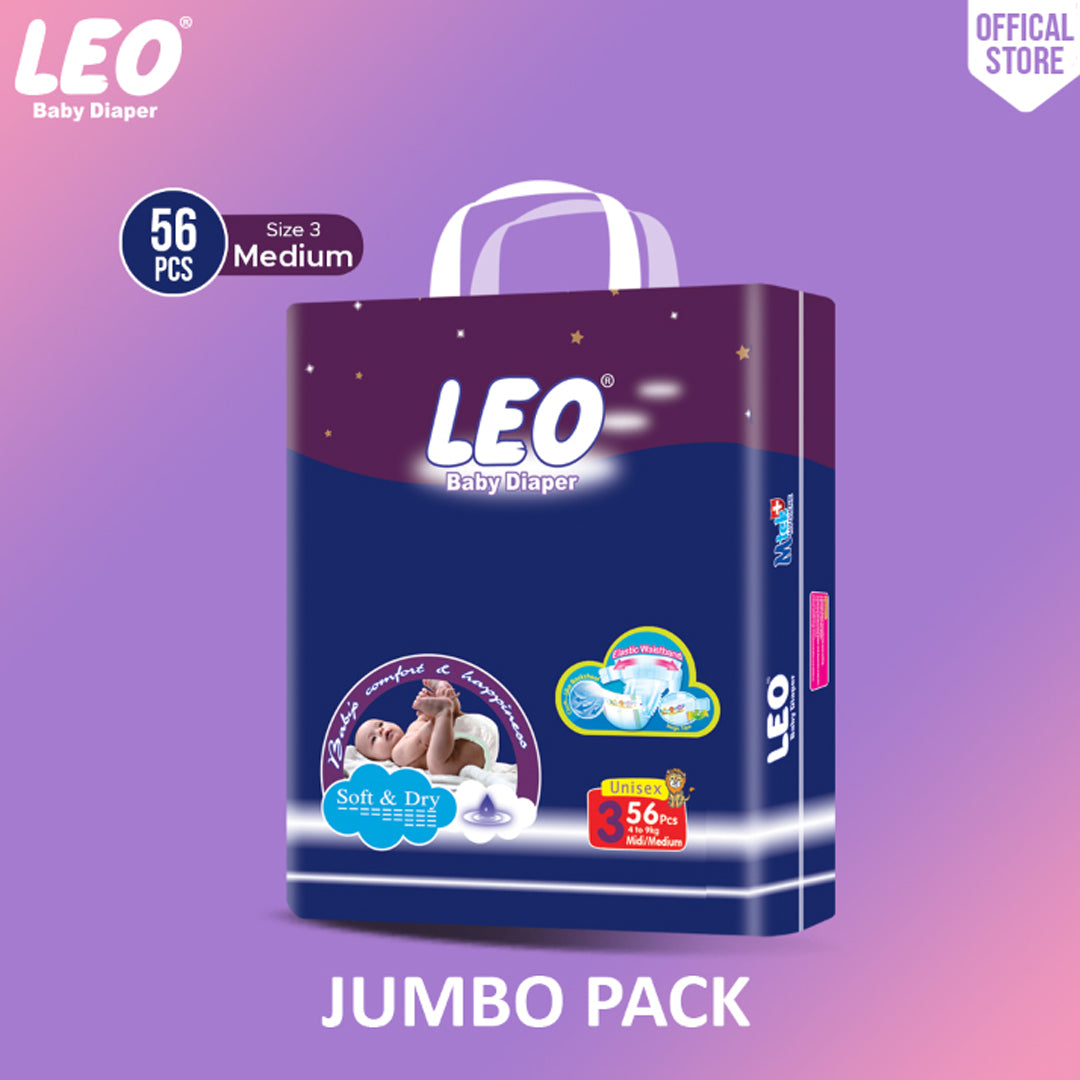 Leo Jumbo Pack Baby Diaper – Size 3, Medium – 56 Pcs