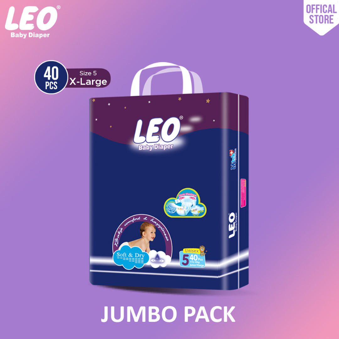 Leo Jumbo Pack Baby Diaper – Size 5, X-Large – 40 Pcs