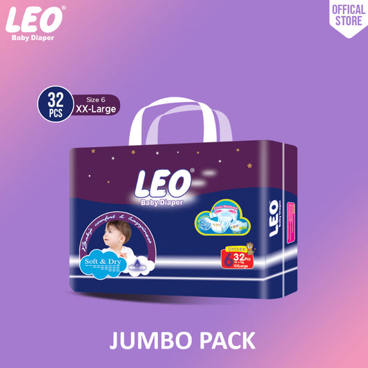 Leo Jumbo Pack Baby Diaper – Size 6, XX-Large – 32 Pcs