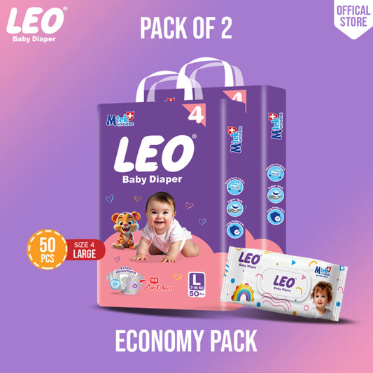 Leo  Economy Pack – Size – 4, Large – 50 Pcs (Pack of 2) + Free Wipes