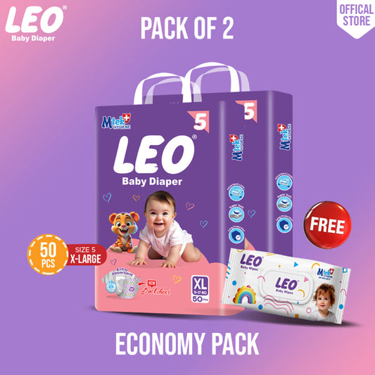 Leo Economy Pack – Size – 5, X Large – 50 Pcs (Pack of 2) + Free Wipes
