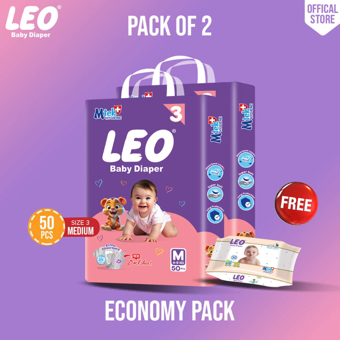 Leo Economy Pack – Size – 3, Medium – 50 Pcs (Pack of 2)+ Free wipes