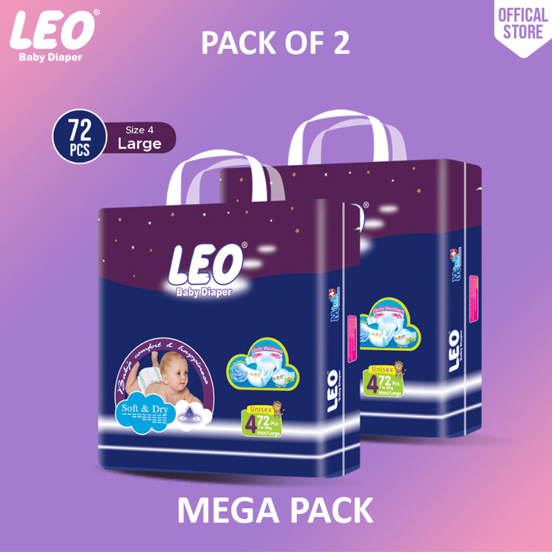 Leo Mega Pack Baby Diaper – Size 4, Large – 72 Pcs (Pack of 2)