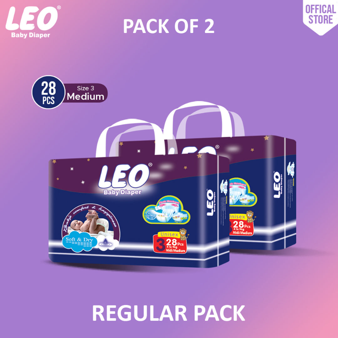 Leo Regular Pack Baby Diaper – Size 3, Medium – 28 Pcs (Pack of 2)