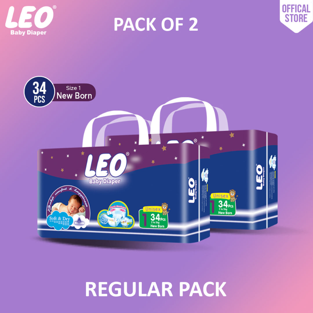 Leo Regular Pack Baby Diaper – Size – 1, New Born – 34 Pcs (Pack of 2)