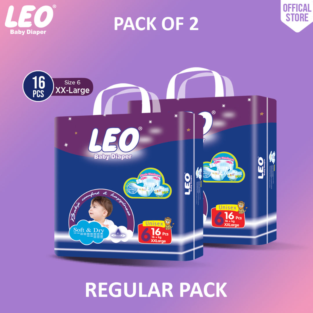 Leo Regular Pack Baby Diaper – Size 6, XX-Large – 16 Pcs (Pack of 2)