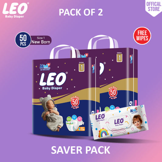 Leo Saver Pack Baby Diaper – Size 1, NewBorn – 50 Pcs (Pack of 2) + Free Wipes