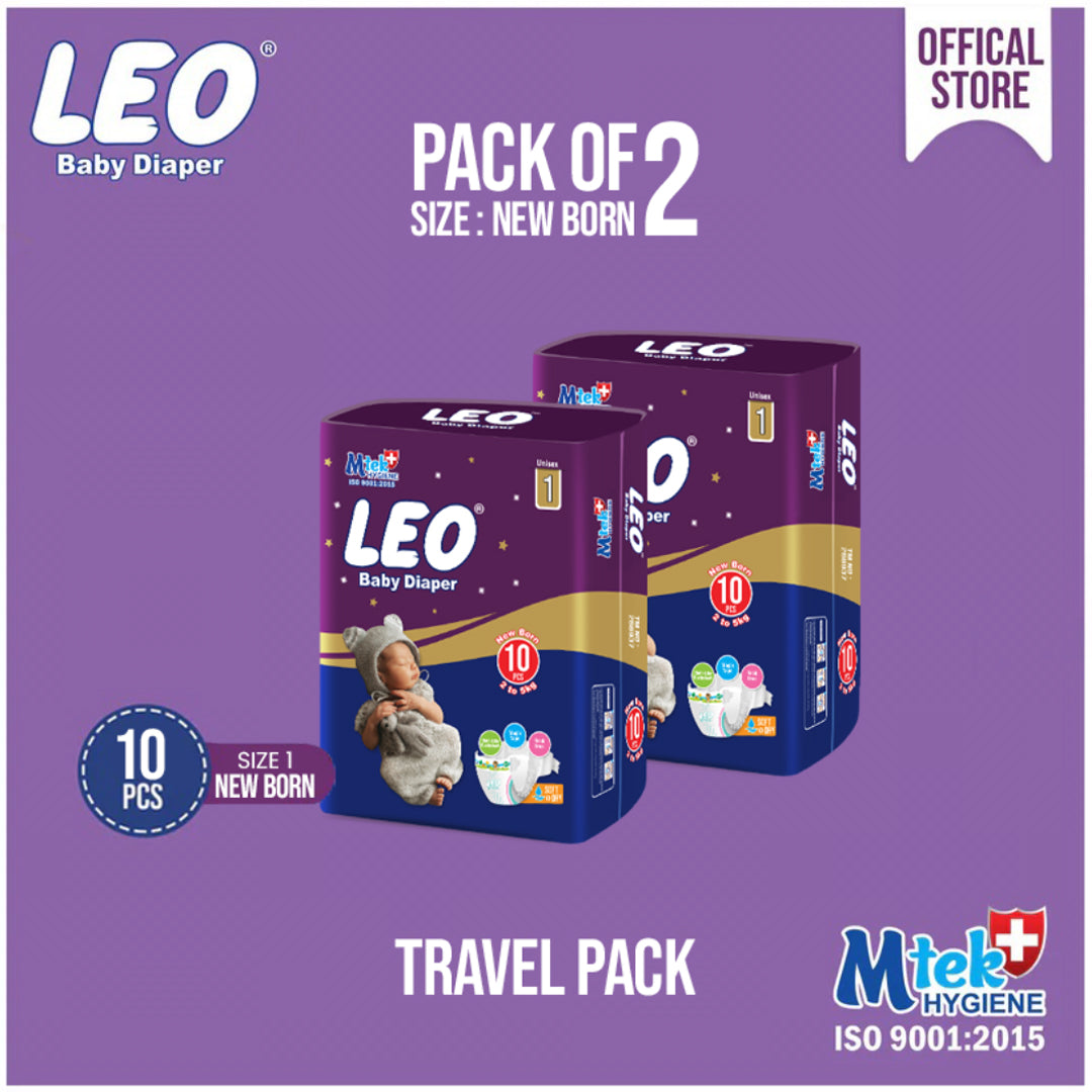 Leo Travel Pack Baby Diaper - Size 1 NB, 10pcs (Pack of Two)