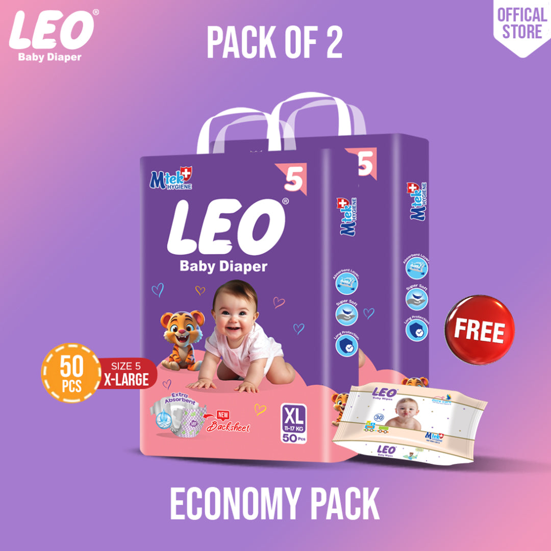Leo Economy Pack – Size – 5, X Large – 50 Pcs ( Pack of 2 )+ Free Wipes