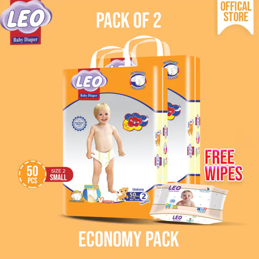 Leo Economy Pack – Size – 2, Small – 50 Pcs ( Pack of 2 ) + FREE Leo Wipes