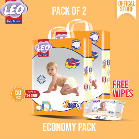Leo Economy Pack – Size – 5, X Large – 50 Pcs ( Pack of 2 ) + FREE Leo Wipes