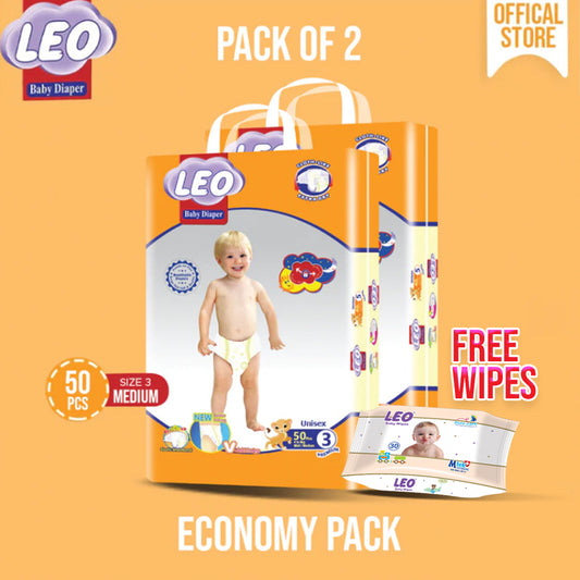 Leo Economy Pack – Size – 3, Medium – 50 Pcs (Pack of 2) + FREE Leo Wipes