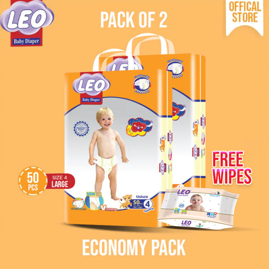 Leo  Economy Pack – Size – 4, Large – 50 Pcs ( Pack of 2 ) + FREE Leo Wipes