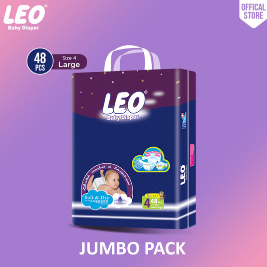 Leo Jumbo Pack Baby Diaper – Size 4, Large – 48 Pcs