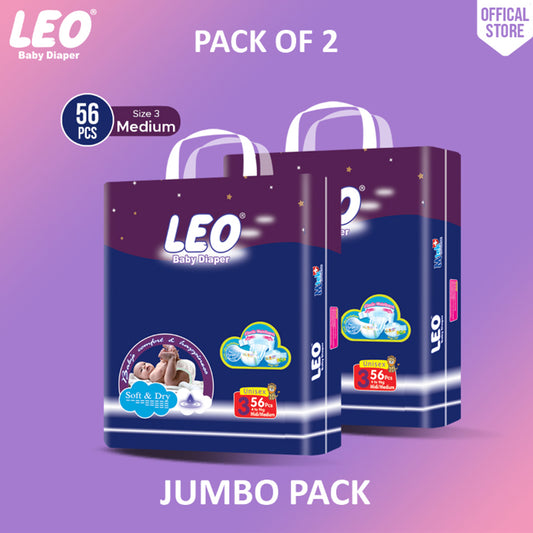 Leo Jumbo Pack Baby Diaper – Size 3, Medium – 56 Pcs (Pack of 2)