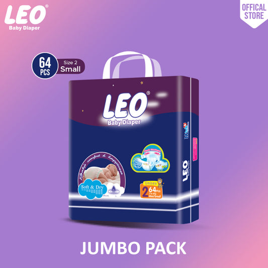 Leo Jumbo Pack Baby Diaper – Size 2, Small – 64 Pcs