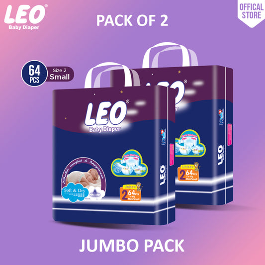 Leo Jumbo Pack Baby Diaper – Size 2, Small – 64 Pcs (Pack of 2)