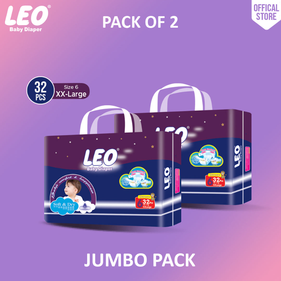 Leo Jumbo Pack Baby Diaper – Size 6, XX-Large – 32 Pcs (Pack of 2)