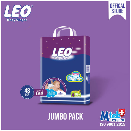 Leo Jumbo Pack Baby Diaper – Size 4, Large – 48 Pcs