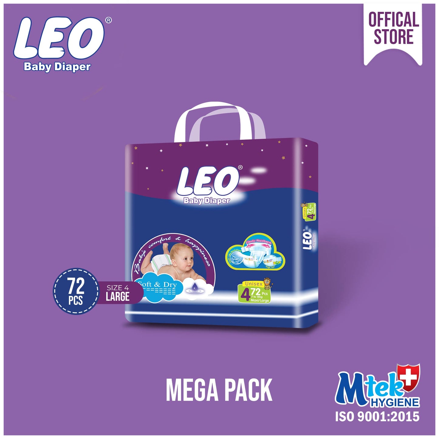 Leo Mega Pack Baby Diaper – Size 4, Large – 72 Pcs