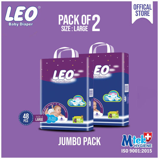 Leo Jumbo Pack Baby Diaper – Size 4, Large – 48 Pcs (Pack of 2)