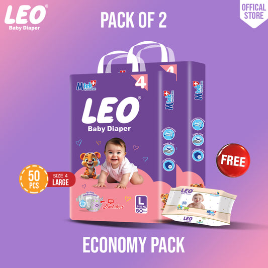 Leo  Economy Pack – Size – 4, Large – 50 Pcs ( Pack of 2 )+ Free wipes