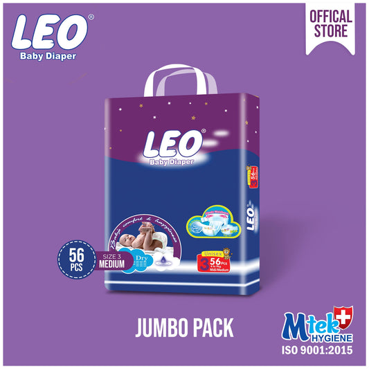 Leo Jumbo Pack Baby Diaper – Size 3, Medium – 56 Pcs