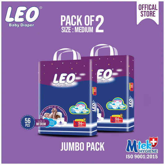 Leo Jumbo Pack Baby Diaper – Size 3, Medium – 56 Pcs (Pack of 2)