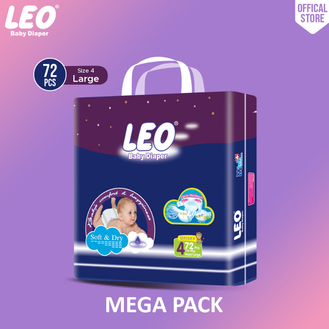 Leo Mega Pack Baby Diaper – Size 4, Large – 72 Pcs