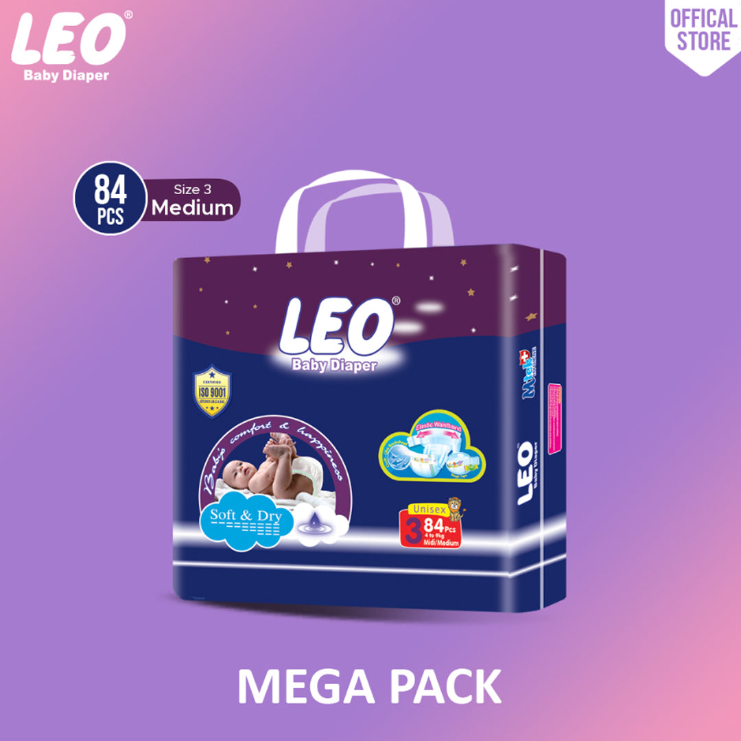 Leo Mega Pack Baby Diaper – Size 3, Medium – 84 Pcs