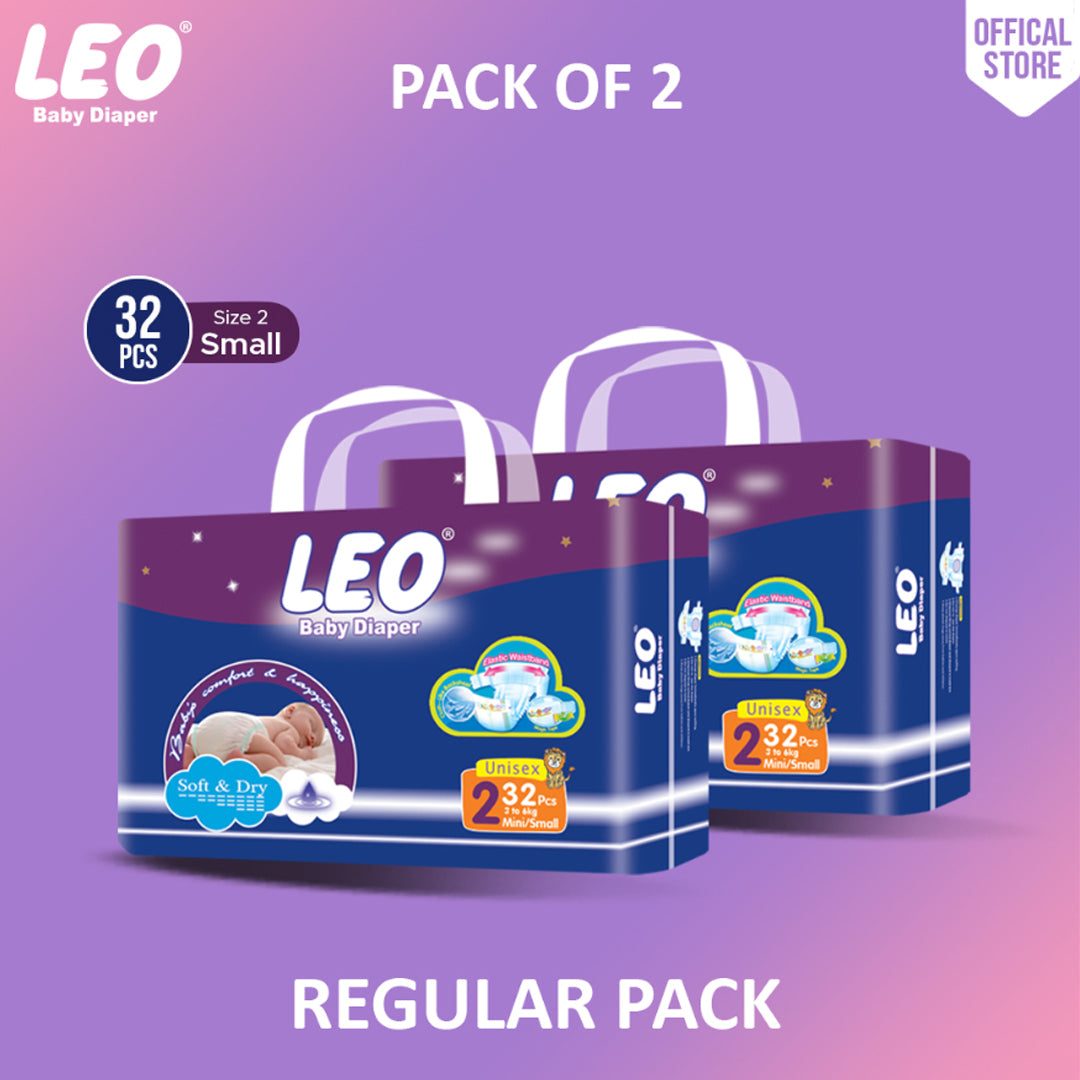 Leo Regular Pack Baby Diaper – Size 2, Small – 32 Pcs (Pack of 2)