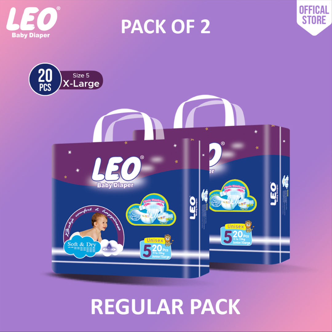 Leo Regular Pack Baby Diaper – Size 5, X-Large – 20 Pcs (Pack of 2)