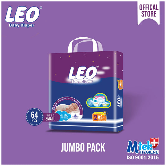 Leo Jumbo Pack Baby Diaper – Size 2, Small – 64 Pcs