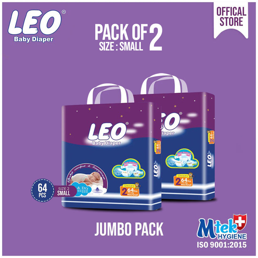 Leo Jumbo Pack Baby Diaper – Size 2, Small – 64 Pcs (Pack of 2)
