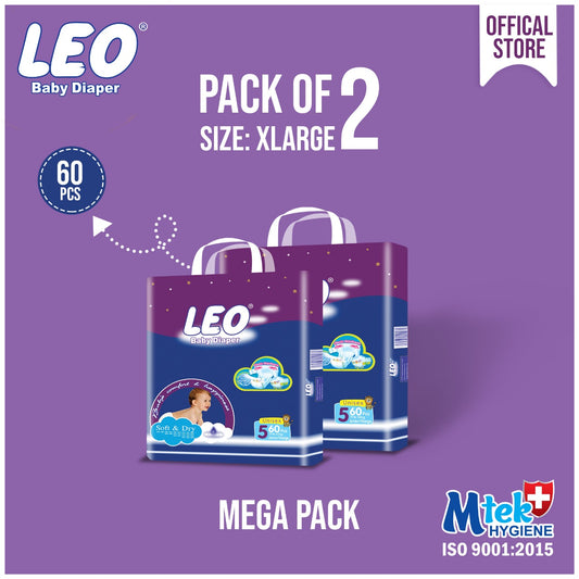 Leo Mega Pack Baby Diaper – Size 5, X-Large – 60 Pcs (Pack of 2)