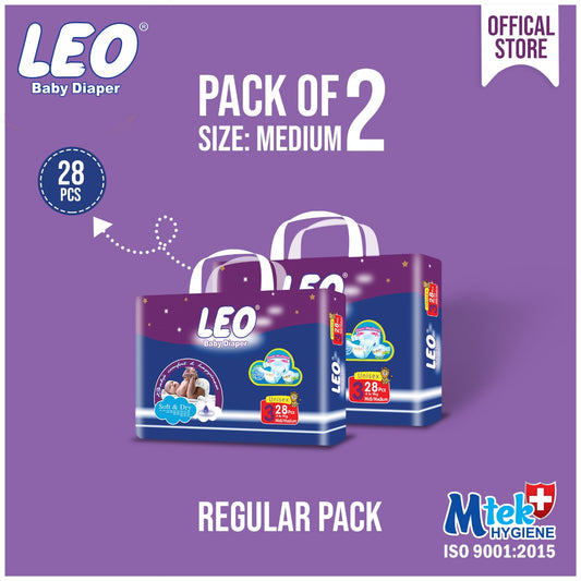 Leo Regular Pack Baby Diaper – Size 3, Medium – 28 Pcs (Pack of 2)