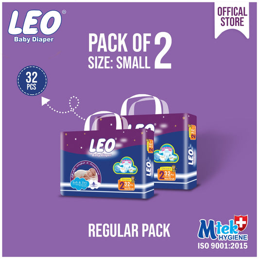 Leo Regular Pack Baby Diaper – Size 2, Small – 32 Pcs (Pack of 2)