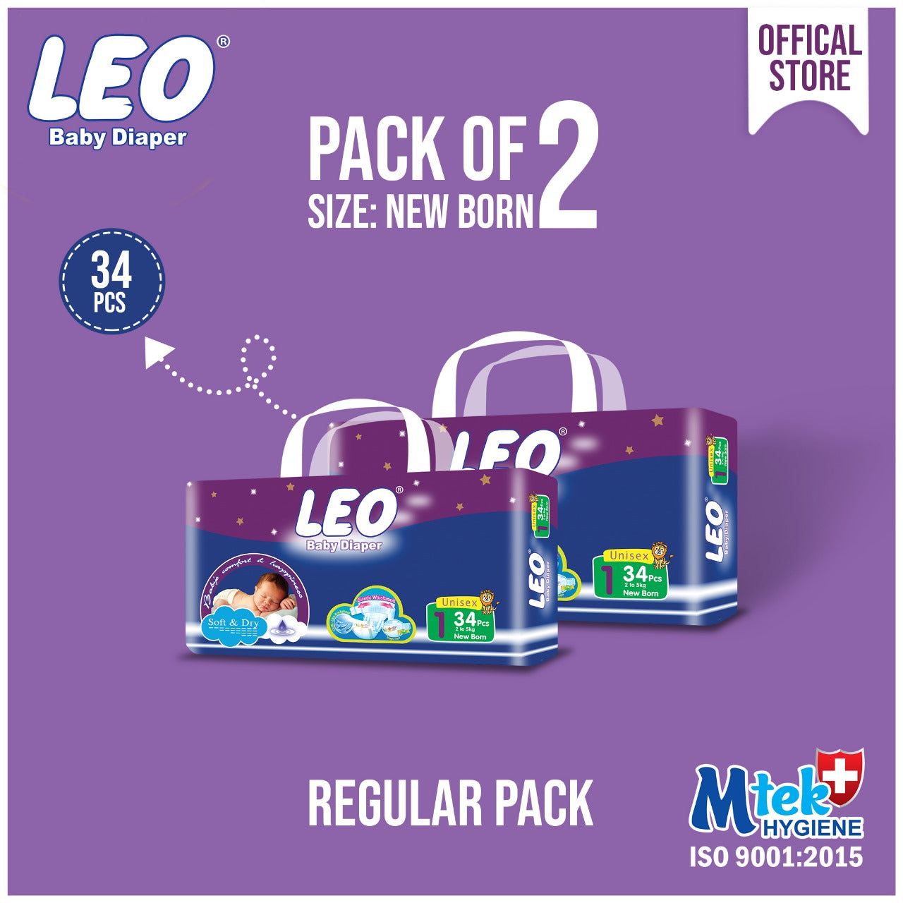 Leo Regular Pack Baby Diaper – Size – 1, New Born – 34 Pcs (Pack of 2)