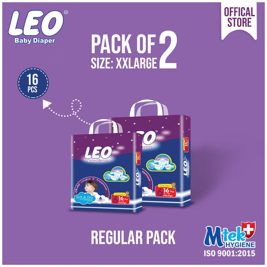 Leo Regular Pack Baby Diaper – Size 6, XX-Large – 16 Pcs (Pack of 2)