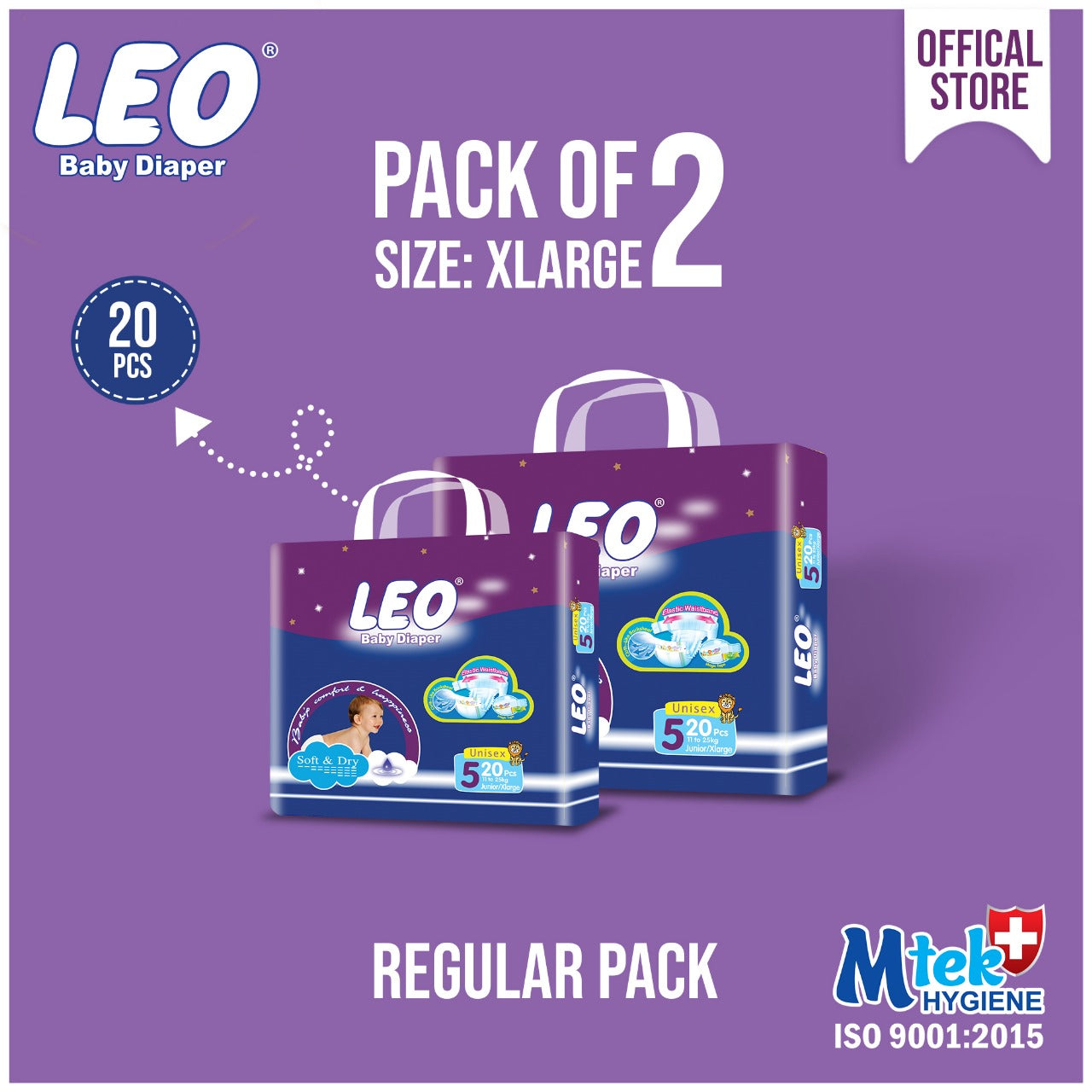 Leo Regular Pack Baby Diaper – Size 5, X-Large – 20 Pcs (Pack of 2)