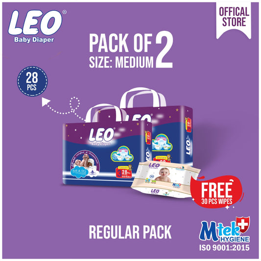 Leo Diaper Regular Pack Medium (28) pack of 2+ Leo baby wipes 30 pcs