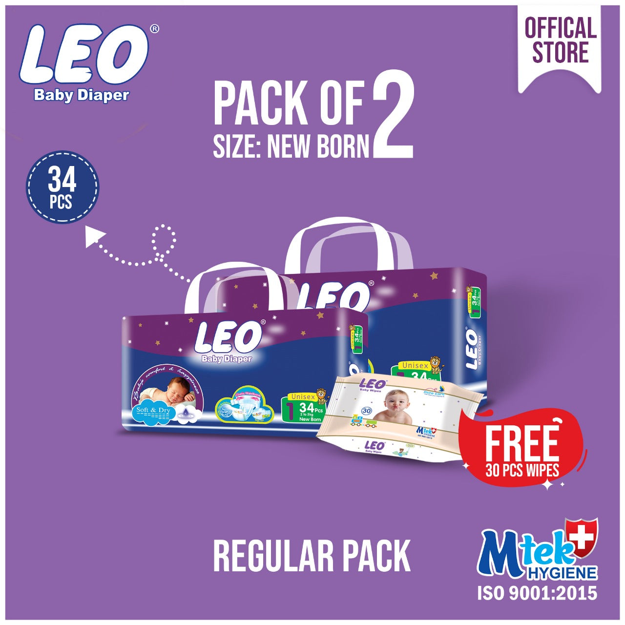 Leo Diaper Regular Pack NB (34) pack of 2 + Leo baby wipes 30 pcs