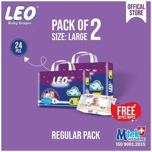 Leo Diaper Regular Pack Large (24) pack of 2 + Leo baby wipes 30 pcs