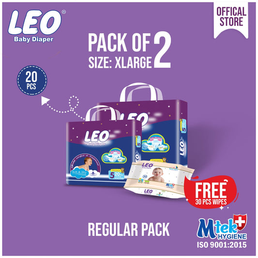 Leo Diaper Regular Pack X.Large (20) pack of 2 + Leo baby wipes 30 pcs
