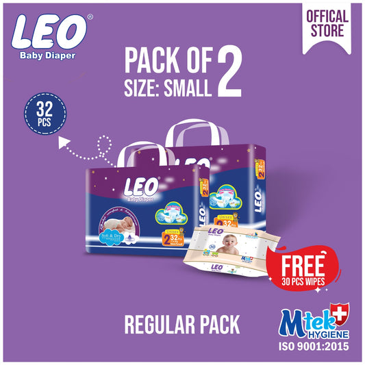 Leo Diaper Regular Pack Small (32) pack of 2 + Leo baby wipes 30 pcs
