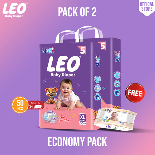 Leo Economy Pack – Size – 5, X Large – 50 Pcs ( Pack of 2 )+ Free Wipes