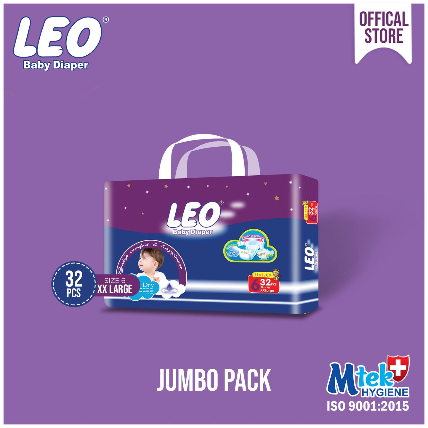 Leo Jumbo Pack Baby Diaper – Size 6, XX-Large – 32 Pcs