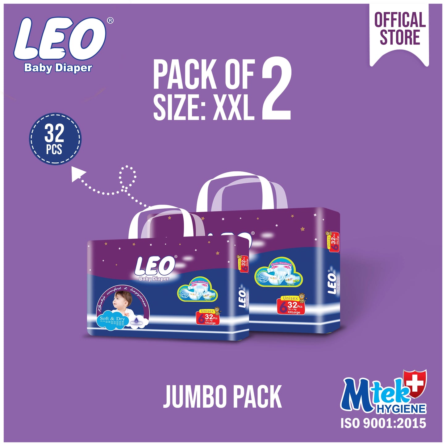 Leo Jumbo Pack Baby Diaper – Size 6, XX-Large – 32 Pcs (Pack of 2)